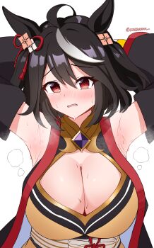 Rule 34 | 1girl, absurdres, animal ears, armpits, arms behind head, arms up, black gem, black hair, black sleeves, blush, breasts, chanchanko (clothes), cleavage, cleavage cutout, clothing cutout, commentary request, detached sleeves, diamond (shape), embarrassed, gem, gold trim, hair between eyes, highres, horse ears, horse girl, kitasan black (crowning ooban) (umamusume), kitasan black (umamusume), large breasts, looking at viewer, medium hair, multicolored hair, n2o, nose blush, open mouth, orange shirt, red eyes, shirt, simple background, sleeveless, solo, steaming body, streaked hair, sweat, two side up, umamusume, upper body, white background, white hair, white streaks