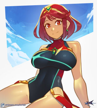 1girl bare_shoulders black_one-piece_swimsuit breasts chest_jewel cowboy_shot earrings jewelry large_breasts one-piece_swimsuit orlek pyra_(xenoblade) red_eyes red_hair red_one-piece_swimsuit short_hair smile solo swimsuit tiara xenoblade_chronicles_(series) xenoblade_chronicles_2