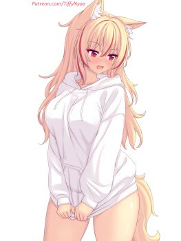 1girl animal_ears blonde_hair blush breasts cat_ears cat_girl cat_tail collarbone commentary cowboy_shot english_commentary fang highres hood hoodie hoodie_pull large_breasts long_sleeves looking_to_the_side multicolored_hair nottytiffy open_mouth original red_eyes red_hair simple_background standing streaked_hair tail thighs tiffy_(nottytiffy) two-tone_hair white_background white_hoodie