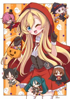 6+girls abukuma_(halloween)_(kancolle) abukuma_(kancolle) alternate_costume animal_ears animal_hands bible_(object) black_gloves blonde_hair blue_hair book broom cape capelet chibi cloak collared_shirt cosplay cowboy_shot demon_girl dress_shirt ghost gloves hair_between_eyes hair_down halloween_bucket highres hood hooded_cape isuzu_(kancolle) jack-o&#039;-lantern kantai_collection kinu_(kancolle) little_red_riding_hood_(fairy_tale) little_red_riding_hood_(fairy_tale_character)_(cosplay) little_red_riding_hood_(fairy_tale_character) long_hair multiple_girls nagara_(kancolle) natori_(kancolle) nun official_alternate_hairstyle one_eye_closed orange_background paw_gloves pirikara_spicy_tapioca red_capelet red_cloak red_hood riding shirt smile solo_focus striped_background tail vampire_costume werewolf_costume white_shirt witch wolf_ears wolf_tail yura_(kancolle)