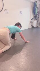 1girl animated asian ass ass_focus barefoot black_hair bra bra_visible_through_clothes curvy exercising flexible gym_uniform highres huge_ass japanese_(nationality) long_hair phone photo_(medium) real_life ririkana shirt simple_background skin_tight skindentation soles sound spread_legs t-shirt tagme talking thigh_gap tight_clothes underwear video wide_hips