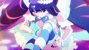 1girl angel angel_girl angel_wings animated animated_gif anime_screenshot ass blue_hair blue_socks breasts cleavage frills kissing_leg large_breasts long_hair looking_at_viewer miniskirt multicolored_hair panties panty_&amp;_stocking_with_garterbelt pink_hair skirt smile sock_pull socks stocking_(psg) striped_clothes striped_socks thighs two-tone_hair two-tone_legwear two-tone_socks underwear white_panties white_skirt wings