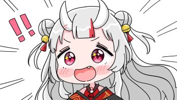 Rule 34 | !, !!, 1girl, :d, bell, blush stickers, chibi, commentary request, double bun, emphasis lines, fang, grey hair, hair bell, hair bun, hair ornament, highres, hololive, horns, jingle bell, long hair, looking at viewer, mochimiko, multicolored hair, nakiri ayame, nakiri ayame (1st costume), oni, open mouth, red eyes, red hair, simple background, smile, solo, sparkle, streaked hair, two side up, upper body, v-shaped eyebrows, very long hair, virtual youtuber, white background