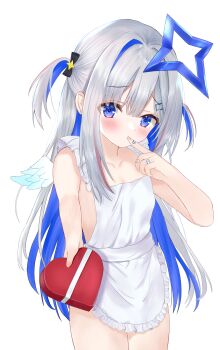 Rule 34 | 1girl, absurdres, amane kanata, angel, angel wings, apron, bandaid, bandaid on finger, bandaid on hand, blue eyes, blue hair, blush, box, breasts, cleavage, closed mouth, colored inner hair, commentary, grey hair, heart-shaped box, highres, holding, holding box, hololive, long hair, looking at viewer, multicolored hair, naked apron, nironiro (qlcfud), pink streaks, purple eyes, small breasts, solo, streaked hair, two side up, virtual youtuber, wings