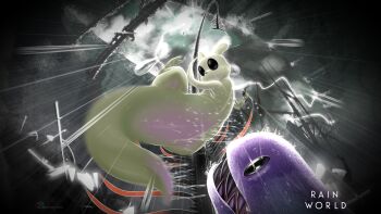 animal_focus artist_name black_eyes blank_eyes climbing cloud cloudy_sky copyright_name creature english_text fisheye from_below highres holding lightning lizard_(rain_world) looking_at_another looking_up motion_blur no_humans no_mouth outdoors peril rain rain_world rockthebull sharp_teeth sky slugcat teeth teruterubouzu twitter_username water watermark wet