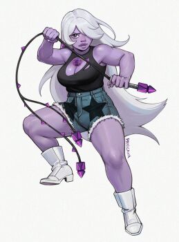 1girl adelheid_(moschiola) amethyst_(steven_universe) black_shirt boots breasts chest_jewel colored_skin full_body gem hair_over_one_eye high-waist_shorts highres large_breasts lips long_hair plump purple_gemstone purple_skin purple_skirt shirt shorts skirt sleeveless sleeveless_shirt solo steven_universe steven_universe_future very_long_hair whip white_boots white_hair