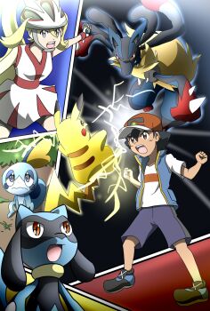 1boy 1girl ash_ketchum battle bicycle_helmet bike_shorts black_hair blonde_hair blue_vest clenched_hands electricity fingerless_gloves gen_4_pokemon gen_8_pokemon gloves hair_between_eyes helmet highres korrina_(pokemon) long_hair lucario mega_evolution mega_lucario mega_pokemon nintendo open_clothes open_vest pokemon pokemon_(anime) pokemon_(creature) pokemon_journeys ponytail red_headwear riolu shirt short_hair shorts sobble vest white_shirt