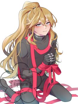 1boy absurdres androgynous aurelio_(lilithalive) black_bodysuit blonde_hair blush bodysuit bound bound_wrists closed_mouth commentary_request commission embarrassed grey_eyes hair_between_eyes highres kanako3510 kneeling long_hair looking_at_viewer male_focus original ponytail red_ribbon ribbon ribbon_bondage simple_background skeb_commission solo trap watermark white_background