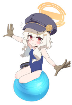 1girl aoba_(blue_archive) ball black_hat black_shoes blue_archive blue_one-piece_swimsuit brown_gloves closed_mouth commentary_request competition_school_swimsuit covered_navel exercise_ball flat_chest flying_sweatdrops gloves hair_ornament hairclip halo hat highres loli long_hair looking_at_viewer newsboy_cap one-piece_swimsuit outstretched_arms peaked_cap red_eyes saeki_tatsuya school_swimsuit shoes simple_background solo spread_arms swimsuit variant_set white_background white_hair yellow_halo