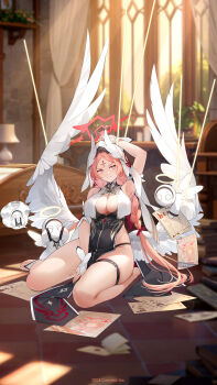 1girl angel angel_wings arm_up armpits bare_shoulders barefoot bed between_legs black_thighlet book braid breasts character_request cleavage cleavage_cutout closed_mouth clothing_cutout commentary_request creature english_text facial_mark feathered_wings feet forehead_mark full_body halo hand_between_legs heart heart_halo highres hood hood_up houchi_shoujo image_in_speech_bubble jewelry lamp letter long_hair low_wings official_art pale_skin paper pink_eyes pink_hair presenting_armpit red_halo sitting split_mouth thighlet toeless_legwear toes twin_braids very_long_hair white_hood white_wings wings