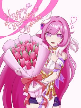 1girl bare_shoulders black_shorts bouquet breasts commentary_request corset elysia_(herrscher_of_human:_ego)_(honkai_impact) elysia_(honkai_impact) flower gloves hair_ornament happy_birthday heart highres holding holding_bouquet honkai_(series) honkai_impact_3rd large_breasts long_hair looking_at_viewer micro_shorts multicolored_hair pink_flower pink_hair pink_tulip purple_eyes rkrqz shorts simple_background smile solo tulip two-tone_hair very_long_hair white_background white_corset white_gloves white_hair