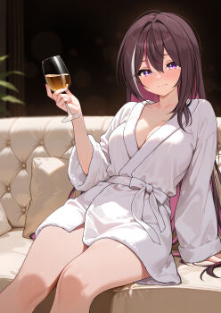 1girl absurdres azki_(hololive) bathrobe blush breasts brown_hair cleavage closed_mouth colored_inner_hair couch cup drinking_glass highres hololive large_breasts light_smile long_hair looking_at_viewer mole mole_under_eye multicolored_hair otokucha pink_hair purple_eyes sitting streaked_hair very_long_hair virtual_youtuber