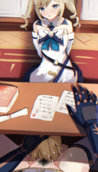 1boy 2girls absurdres aether_(genshin_impact) arms_behind_back barbara_(genshin_impact) bare_shoulders blonde_hair blue_bow blue_eyes book_holster book_strap bow breasts cunnilingus desk detached_sleeves dress drill_hair female_pov female_pubic_hair frilled_dress frills genshin_impact girl_on_top gloves hand_on_another&#039;s_head highres jean_(genshin_impact) long_hair medium_breasts multiple_girls noe_8ban oral out_of_frame paper pov pubic_hair pussy_juice rape scroll sidelocks spread_legs stealth_sex twin_drills twintails under_table white_dress white_sleeves