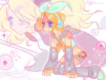 1girl blonde_hair blue_eyes bow commentary detached_sleeves english_commentary grey_sailor_collar hair_bow headphones kagamine_rin kagamine_rin_(reactor) long_sleeves official_alternate_costume quack_(qua_qwack999) roshin_yuukai_(vocaloid) sailor_collar sailor_senshi_uniform short_hair vocaloid