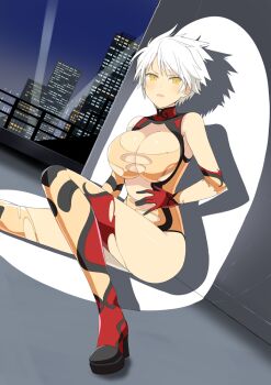 Rule 34 | 1girl, against wall, bare shoulders, black trim, blush, breasts, building, city, city lights, cleavage, gloves, large breasts, leotard, looking at viewer, miyabi (senran kagura), multicolored leotard, night, official art, on rooftop, open mouth, orange leotard, orange thighhighs, outdoors, parted lips, railing, red gloves, red leotard, red thighhighs, revealing clothes, searchlight, senran kagura, senran kagura new wave, senran kagura shinovi versus, shadow, shiny skin, short hair, sitting, sky, skyline, skyscraper, slit pupils, solo, thighhighs, torn clothes, torn leotard, two-tone leotard, two-tone thighhighs, v-shaped eyebrows, white hair, yellow eyes