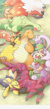 ampharos animal_focus breloom bug claws closed_eyes closed_mouth colored_skin commentary_request cross-shaped_pupils dragon dragonite fish flygon forehead_jewel galvantula gen_1_pokemon gen_2_pokemon gen_3_pokemon gen_5_pokemon gen_6_pokemon goodra green_skin highres hug knhb_tail letterboxed lying nintendo no_humans on_back on_grass on_side outside_border pokemon pokemon_(creature) scolipede sleeping slither_wing smile spider spoken_zzz symbol-shaped_pupils tatsugiri tatsugiri_(curly) yellow_eyes zzz
