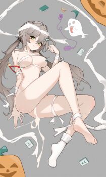 1girl bandage_on_thigh bandaged_arm bandages blush breasts egg_vibrator full_body ghost green_eyes grey_background halloween highres honkai:_star_rail honkai_(series) implied_after_masturbation inniyik jack-o&#039;-lantern light_brown_hair long_hair looking_at_viewer low_twintails mahjong mahjong_tile medium_breasts naked_bandage parted_lips pussy_juice qingque_(honkai:_star_rail) sex_toy single_bare_foot single_pasty single_sock skindentation socks soles solo twintails vibrator