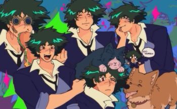 Rule 34 | cat, chibi, cigarette, closed eyes, collar, cowboy bebop, doctornology, eating, ein (cowboy bebop), food, highres, necktie, one eye closed, red collar, sandwich, scene reference, shirt, spike spiegel, tongue, tongue out, welsh corgi, white shirt