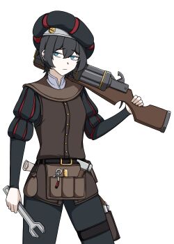1girl absurdres antique_firearm black_hair black_pants blue_eyes brown_hair comet commentary_request ear_piercing empire_(warhammer_fantasy) firearm firelock flintlock grey_eyes gun hammer hat highres holding holding_wrench holster korean_commentary landsknecht long_sleeves mp_sg multicolored_hat original pants piercing short_hair solo thigh_holster tomboy tomboy_nuln_mercenary_(mp_sg) tools warhammer_fantasy weapon white_background wrench