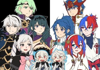 alternate_costume alternate_hairstyle blue_eyes blue_hair bridal_gauntlets camilla_(fire_emblem) camilla_(fire_emblem)_(cosplay) closed_mouth cosplay elise_(fire_emblem) elise_(fire_emblem)_(cosplay) female_alear_(fire_emblem) female_byleth_(fire_emblem) female_corrin_(fire_emblem) female_kris_(fire_emblem) female_robin_(fire_emblem) fire_emblem fire_emblem:_new_mystery_of_the_emblem fire_emblem:_three_houses fire_emblem_awakening fire_emblem_engage fire_emblem_fates hair_between_eyes hairband heterochromia high_collar highres hinoka_(fire_emblem) hinoka_(fire_emblem)_(cosplay) japanese_clothes leo_(fire_emblem_fates) leo_(fire_emblem_fates)_(cosplay) long_hair long_sleeves male_alear_(fire_emblem) male_byleth_(awakened)_(fire_emblem) male_byleth_(fire_emblem) male_corrin_(fire_emblem) male_kris_(fire_emblem) male_robin_(fire_emblem) multicolored_hair multiple_boys multiple_girls nintendo pointy_ears red_eyes red_hair ryoma_(fire_emblem) ryoma_(fire_emblem)_(cosplay) sakura_(fire_emblem) sakura_(fire_emblem)_(cosplay) short_hair smile takumi_(fire_emblem) takumi_(fire_emblem)_(cosplay) two-tone_hair white_background white_hair xander_(fire_emblem) xander_(fire_emblem)_(cosplay) zuzu_(ywpd8853)