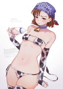 1girl :s animal_print baby_bottle bandana bell bikini blue_bandana blush bottle breasts brown_eyes brown_hair cameltoe cleavage collarbone commentary_request cow_print cow_print_bikini cow_print_sleeves cow_print_thighhighs cow_tail cowbell cowboy_shot detached_sleeves eyepatch_bikini gunparade_march holding holding_bottle milk mori_seika navel neck_bell print_bikini print_thighhighs skindentation small_breasts small_sweatdrop solo swimsuit tail thighhighs watermark watermark_grid wavy_hair yukataro