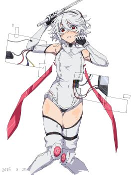 1girl blush computer elbow_gloves eye_mask gloves highres holding holding_sword holding_weapon humanoid_robot laptop leotard looking_at_viewer mask momijiyama_teru parted_lips red_eyes robot robot_girl short_hair shy_(character) shy_(series) sweatdrop sword takatisakana teeth weapon white_hair white_leotard wire