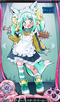 +_+ 1girl animal_ears apron bakunyuu_gorilla bandaid bandaid_on_leg blue_hair blue_nails blue_tail blunt_bangs blush cardiogram character_select club club_(weapon) commentary_request controller fang flesh fox_ears fox_girl fox_tail full_body game_controller hair_ribbon hand_up highres holding holding_club holding_weapon jacket looking_at_viewer maid_apron maid_headdress open_mouth original ribbon shoes sidelocks single_thighhigh sneakers spiked_club standing straight-on tail thick_eyebrows thighhighs track_jacket translation_request twintails weapon window_(computing) yellow_jacket zipper