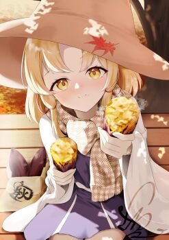 1girl animal_print blonde_hair blush brown_hat chair dress food frog frog_print hair_ornament hair_ribbon hat highres holding holding_food leaf long_hair long_sleeves looking_at_viewer maple_leaf moriya_suwako on_chair open_mouth park purple_dress purple_vest ribbon scarf shirt short_hair skirt smile solo sweet_potato thighhighs touhou tree vest white_thighhighs wide_sleeves yellow_eyes yuwano_(yuwanoonsen)