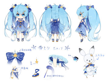 1other :3 ahoge bloomers blue_bow blue_dress blue_eyes blue_gloves blue_hair blush bow bowtie cape reference_sheet chibi constellation_print dress fingerless_gloves frilled_dress frilled_legwear frills gloves hair_bow hair_ornament hairclip hatsune_miku highres long_hair multiple_views nishina_hima official_art rabbit rabbit_yukine star_(symbol) star_hair_ornament star_ornament star_print star_trail striped_bow thigh_strap treble_clef twintails underwear very_long_hair vocaloid wand wide_sleeves yuki_miku yuki_miku_(2017)
