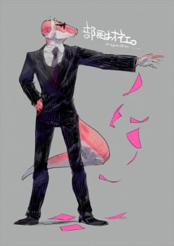 1boy black_suit black_vest buchou_wa_onee colored_skin dragon_boy falnail_vincent formal_clothes furry furry_male glasses grey_background hands_on_own_hips horns looking_to_the_side male_focus nagabe outstretched_arm paper pink_skin shirt simple_background solo standing striped_clothes striped_shirt suit tail vest yellow_eyes