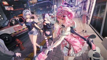 3boys 4girls absurdres ahoge bandaged_fingers bandaged_hand bandages black_hair black_halo black_shirt black_thighhighs blue_shorts breasts chinese_commentary chiz_(nte) city cityscape commentary_request dress drink female_esper_zero_(city_wanderer)_(nte) female_esper_zero_(nte) grey_hair hair_ornament halo highres holding holding_drink lacrimosa_(new_moon_lullaby)_(nte) lacrimosa_(nte) long_hair loungewear multicolored_eyes multicolored_hair multicolored_halo multicolored_thighhighs multiple_boys multiple_girls neverness_to_everness night official_alternate_costume official_art open_mouth outdoors pink_dress pink_eyes pink_hair pink_thighhighs red_eyes shirt short_hair shorts small_breasts split-color_hair streaked_hair striped_clothes striped_thighhighs thighhighs torn_clothes torn_shorts twintails two-tone_eyes two-tone_halo two-tone_thighhighs white_dress white_hair white_halo yunmaojan