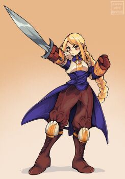 1girl agrias_oaks armor blonde_hair blue_dress braid breastplate brown_gloves commentary commission dress english_commentary final_fantasy final_fantasy_tactics full_body gloves highres holding holding_sword holding_weapon joanna_went_bananas knee_pads long_hair orange_eyes shoulder_armor shoulder_pads signature simple_background solo sword weapon