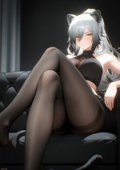 1girl absurdres animal_ear_fluff animal_ear_piercing animal_ears arknights arm_rest armpits artist_name bare_shoulders black_background black_pantyhose bodystocking breasts cat_ears cat_girl cat_tail chromatic_aberration cleavage closed_mouth commentary couch crop_top crossed_legs curtains from_below gradient_hair grey_hair hair_between_eyes halterneck high-waist_pantyhose highres indoors large_breasts leg_up legs light_particles long_hair long_legs looking_at_viewer multicolored_hair on_couch pantyhose phoenix_(lanzilong646) schwarz_(arknights) see-through_cleavage see-through_clothes sidelocks sitting solo tail thighband_pantyhose thighs very_long_hair white_hair window yellow_eyes