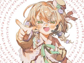 1girl :d braid brown_hair coke-bottle_glasses collared_shirt flower glasses green_eyes green_ribbon grey-framed_eyewear hair_flower hair_ornament hair_over_shoulder half-closed_eyes half_crown_braid halftone hat headset highres long_hair looking_at_viewer low_twin_braids mini_hat neck_ribbon nijisanji open_mouth pointing pointing_at_viewer puffy_short_sleeves puffy_sleeves purple_flower ribbon round_eyewear shirt short_sleeves simple_background single_hair_intake smile solo text_background tilted_headwear tomatooo_0617 twin_braids twitter_username upper_body v-shaped_eyebrows virtual_youtuber watermark white_background white_ribbon yaguruma_rine yaguruma_rine_(1st_costume) yellow_shirt