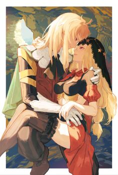 1boy 1girl absurdres ahoge arm_around_shoulder black_veil blonde_hair blue_eyes border capelet cornelius_(odin_sphere) couple elbow_gloves facing_another framed frilled_garter gloves green_capelet hand_on_another&#039;s_waist highres holding hood hood_down long_hair looking_at_another medium_hair mossan351 odin_sphere outside_border pants puffy_short_sleeves puffy_sleeves purple_eyes short_sleeves sidelighting skirt smile squatting striped_clothes striped_thighhighs sunlight thighhighs veil velvet_(odin_sphere) vertical-striped_clothes vertical-striped_thighhighs white_border white_gloves