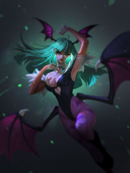 1girl absurdres animal_print arm_over_head armpits bat_print bat_wings black_boots blunt_bangs blurry bokeh boots breasts bridal_gauntlets cleavage clothing_cutout collarbone commentary darkstalkers demon_girl depth_of_field elbow_gloves english_commentary eyeliner eyeshadow fur_trim gloves green_background green_hair head_wings heart_cutout highres jiunn_kuo leotard long_hair looking_at_viewer low_wings makeup medium_breasts morrigan_aensland multiple_wings pantyhose purple_pantyhose solo strapless strapless_leotard wings