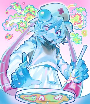 @_@ absurdres androgynous apron bacteria blue_hair blue_skin chervya colored_skin cross frown hat highres holding holding_scalpel nurse_cap original pink_eyes red_cross scalpel shirt solo twintails