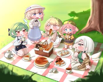 +_+ 5girls absurdres aqua_eyes baguette basket beret blanket blonde_hair blue_eyes blush_stickers braid bread cheesecake child crepe crepe_(trickcal) cup drink eating erpin_(trickcal) food food_on_face grass green_eyes green_hair hair_bun hair_ornament hat highres holding holding_cup holding_food joanne_(trickcal) kneeling long_sleeves multiple_girls ner_(trickcal) outdoors pants picnic picnic_basket picnic_blanket pink_hair plate pleated_skirt polan_(trickcal) red_eyes single_hair_bun skirt socks standing teacup tree trickcal twin_braids white_hair white_hat white_skirt white_socks wings yanuk