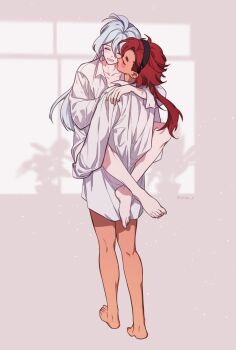 2girls ahoge arms_around_shoulders bare_legs blush carrying carrying_person collared_shirt dark-skinned_female dark_skin gundam gundam_suisei_no_majo hairband highres leg_lock long_hair low_ponytail miorine_rembran multiple_girls naked_shirt noo ponytail red_hair shirt simple_background smile suletta_mercury thick_eyebrows white_hair white_shirt yuri