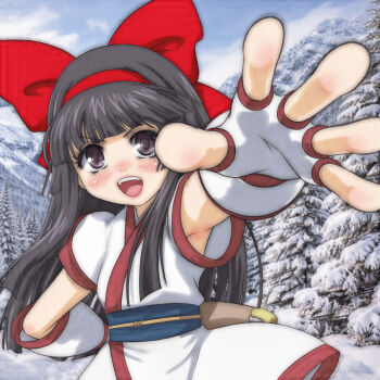 1girl ainu_clothes black_hair blush bow breasts brown_eyes cloud fingerless_gloves gloves hair_bow hair_ribbon hairband highres japanese_clothes kimono long_hair looking_at_viewer mountain nakoruru obi open_mouth pink_lips purple_eyes reaching reaching_towards_viewer red_bow ribbon samurai_spirits sash sheath short_sleeves sky small_breasts smile snk snow standing t_jiroo_(ringofriend) teeth the_king_of_fighters tongue tree upper_body weapon white_gloves white_kimono winter