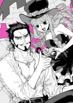 1boy 1girl :d absurdres belt blunt_bangs blush braid closed_mouth cross cross_necklace dracule_mihawk dress flower frilled_dress frills frown greyscale_with_colored_background hair_flower hair_ornament hat heart_hands_failure highres holding holding_umbrella jewelry lipstick long_hair looking_at_viewer makeup necklace one_piece open_clothes open_mouth pectorals perona sidelocks smile strapless strapless_dress teeth thumbs_up top_hat umbrella upper_teeth_only v_(tit_mzmz)