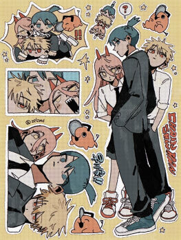 1girl 2boys ? black_necktie black_pants black_suit blonde_hair blue_eyes blue_hair blue_shoes blush chainsaw_man chibi cigarette collared_shirt commentary_request copyright_name creature demon_girl denji_(chainsaw_man) earrings formal_clothes hair_between_eyes hayakawa_aki highres horns jacket jewelry long_hair medium_hair multiple_boys necktie one_eye_closed open_mouth pants pink_hair pochita_(chainsaw_man) ponytail power_(chainsaw_man) red_eyes red_horns sharp_teeth shirt shoes short_hair short_ponytail sleeves_rolled_up sneakers spoken_question_mark suit suit_jacket teeth twitter_username white_shirt white_shoes yellow_background yellow_eyes zelzmd