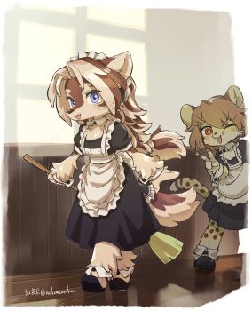 2girls animal_nose apron black_dress black_shoes blue_eyes body_fur bright_pupils broom brown_hair cheetah_girl dress fang furry furry_female highres holding holding_broom indoors koucha_inu maid maid_apron maid_headdress multicolored_fur multicolored_hair multiple_girls one_eye_closed open_mouth original parted_hair puffy_short_sleeves puffy_sleeves red_eyes shoes short_sleeves spotted_fur tail twitter_username two-tone_hair v white_apron white_hair white_pupils wolf_girl wooden_floor wrist_cuffs