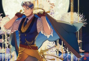 Rule 34 | 1boy, belt, blue cape, blue eyes, blue necktie, blue vest, brown belt, brown gloves, buttons, cape, collared shirt, cowboy shot, double-breasted, facial hair, fate/grand order, fate (series), flower, full moon, gloves, goatee stubble, grey hair, holding, holding unworn cape, holding unworn clothes, katana, katsu kaishuu (fate), light smile, looking at viewer, male focus, mature male, moon, multicolored hair, necktie, night, old, old man, orange robe, outdoors, robe, shirt, sleeves rolled up, solo, spider lily, streaked hair, stubble, suzuki tsuta, sword, two-tone hair, unworn cape, vest, water, weapon, white flower, white shirt, white spider lily, yellow eyes