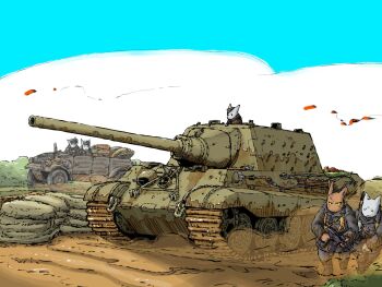 5boys assault_rifle cannon caterpillar_tracks gun highres holding holding_gun holding_weapon kubelwagen military_vehicle motor_vehicle multiple_boys original rifle sandbag stg44 tank vehicle_focus vehicle_request weapon yabarn