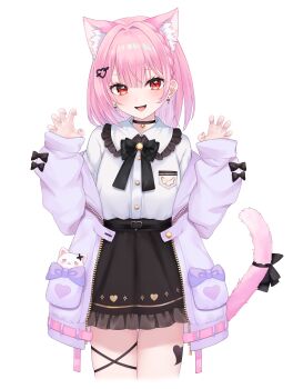 1girl absurdres animal_ears black_choker black_skirt cat_ears cat_girl cat_tail chicami choker claw_pose hair_ornament heart heart_hair_ornament highres indie_virtual_youtuber jacket looking_at_viewer medium_hair mikeneko_(vtuber) mikeneko_(vtuber)_(5th_costume) nail_polish open_mouth pink_hair pink_nails red_eyes shirt skirt smile solo tail thigh_strap virtual_youtuber white_background white_jacket white_shirt