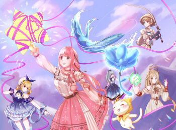 5girls ^_^ absurdres ahoge animal back_bow bare_shoulders belt beret black_belt black_bow black_gloves black_ribbon blonde_hair blue_bow blue_bowtie blue_choker blue_dress blue_flower blue_shirt blue_skirt blue_sleeves blue_wrist_cuffs bow bow_choker bowtie bra_strap brown_bow brown_bowtie brown_hair brown_hat brown_jacket brown_pants bubble_print bubbly_voyage_(infinity_nikki) buttons cat center_frills choker cloak closed_eyes closed_mouth clothed_animal clothing_cutout cloud collarbone collared_dress cowboy_shot cropped_legs day detached_sleeves dot_nose dress ear_covers feet_out_of_frame fingerless_gloves fish fishing fishing_rod floating_clothes floating_hair floral_memory_(infinity_nikki) floral_print flower frilled_choker frilled_dress frilled_shirt frilled_skirt frilled_sleeves frilled_wrist_cuffs frills gloves gold_choker grey_hair hair_bow hair_ribbon hair_rings halter_dress halterneck happy hat hat_bow hat_ornament high-waist_skirt highres holding holding_fishing_rod holding_flower hood hood_up hooded_cloak infinity_nikki jacket layered_skirt light_particles long_hair long_sidelocks long_sleeves low-tied_long_hair low_twintails magic medium_skirt momo_(nikki) mountainous_horizon multiple_girls navel nikki_(nikki) nikki_(series) off-shoulder_shirt off_shoulder open_clothes open_jacket outdoors outstretched_arm outstretched_hand oversized_flower pants pink_bow pink_bowtie pink_choker pink_hair pink_ribbon pink_skirt pleated_skirt ponytail puffy_long_sleeves puffy_short_sleeves puffy_sleeves purple_sky reaching red_bow red_bowtie ribbon rippling_serenity_(infinity_nikki) sarah_ang shirt short_dress short_hair short_sleeves shoulder_cutout sidelocks single_stripe skirt sky sleeveless sleeveless_shirt snowflake_print snowflakes splashing star_(symbol) star_hat_ornament strapless strapless_dress striped_bow striped_bowtie striped_choker striped_clothes striped_dress tress_ribbon twintails vertical-striped_clothes vertical-striped_dress very_long_hair water wavy_hair whimstar_(infinity_nikki) white_cat white_dress white_flower white_hat white_shirt white_skirt wind_of_purity_(infinity_nikki) wrist_cuffs yarm_helmet yellow_cloak