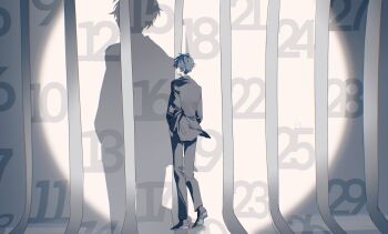 1boy black_jacket black_pants black_shoes blue_hair calendar_(medium) commentary_request from_behind gekkoukan_high_school_uniform hands_in_pockets highres jacket male_focus pants persona persona_3 r5_(yexinr5) school_uniform shadow shoes short_hair signature solo spotlight standing white_background yuuki_makoto_(persona_3)