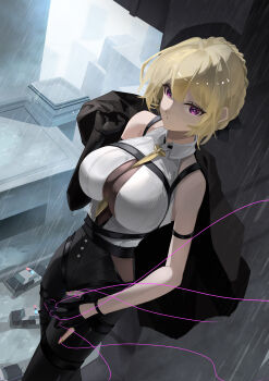 1girl absurdres black_jacket black_pants bodystocking breast_strap breasts building car cleavage_cutout clothing_cutout evelyn_chevalier from_above highres hip_vent holding holding_jacket holding_unworn_clothes jacket ktl_suda large_breasts leaning motor_vehicle pants police_car rain shirt sleeveless sleeveless_shirt solo unworn_jacket white_shirt wire zenless_zone_zero