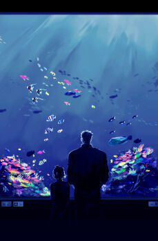 1boy 1girl absurdres antenna_hair aquarium arms_behind_back commentary_request coral facing_away fish_request from_behind hands_in_pockets highres holding_own_arm indoors kabane_(rjev8385) letterboxed long_sleeves looking_at_animal oc_x_canon one_piece original ponytail school_of_fish short_hair short_ponytail smoker_(one_piece) standing